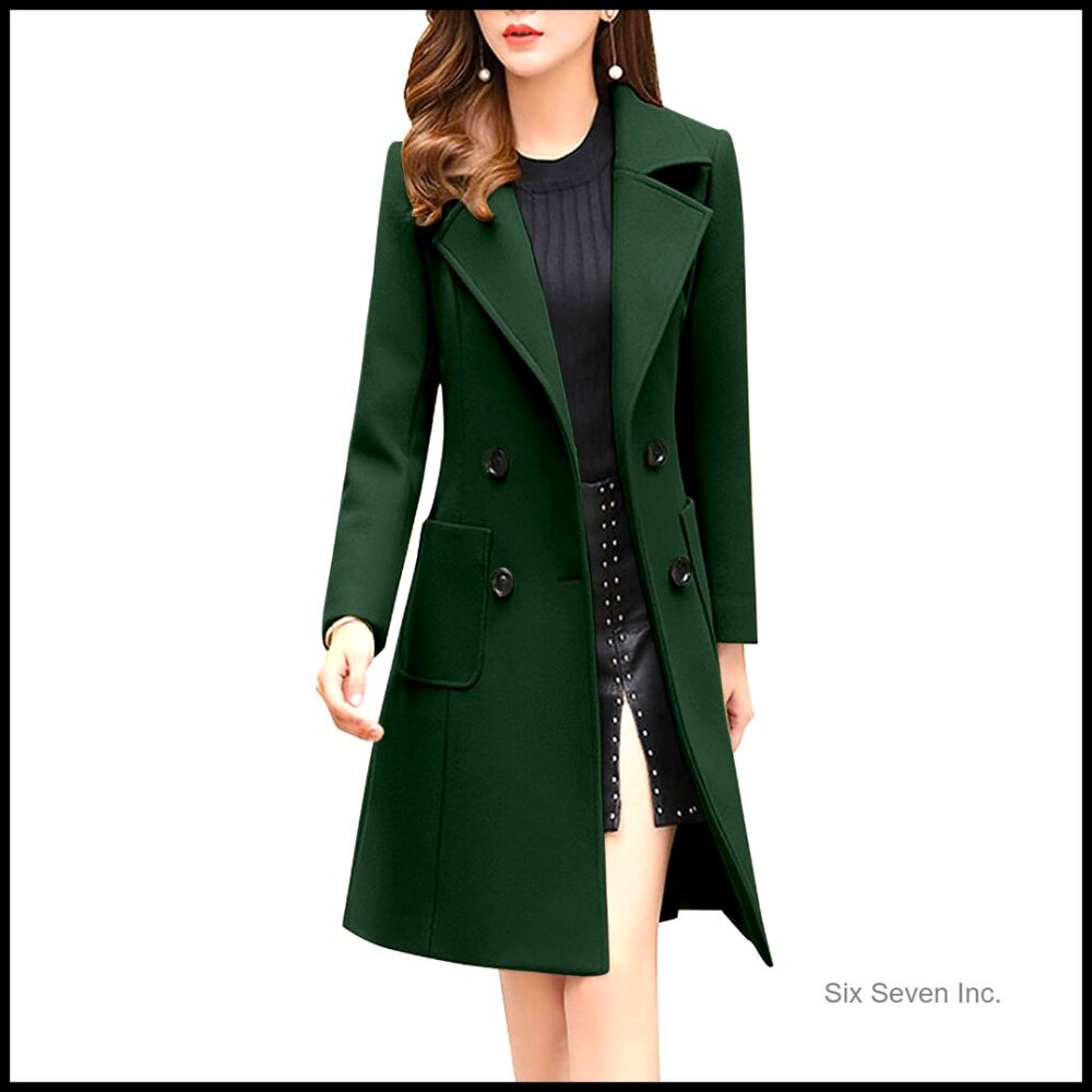 Wool Blend Pea Coat Notched Collar Double Breasted Knee Length Slim Fit